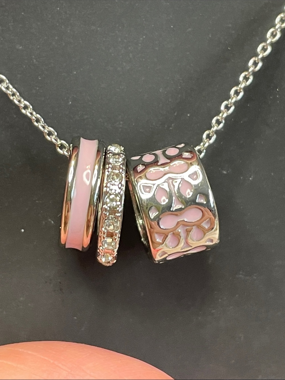 COACH Silver Necklace with Pink Enamel & Crystal Ring Charms $128 MSRP NWT - Picture 5 of 7